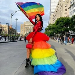 Unique Rainbow Skirt High Low Tiered Tulle Multi-colors Women Skirt 6 Layers Floor Length Fluffy Mesh Event Party Skirt Custom
