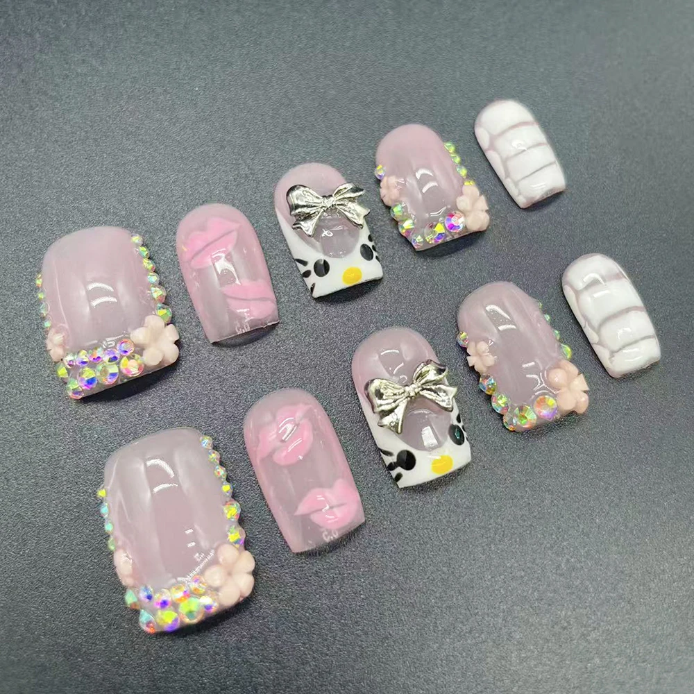 

Short Square Kawaii Hello Kitty Press On Nails Sticker French Ab Diamond Pink Flower Cute Portable Sweet Nail Birthday Gift