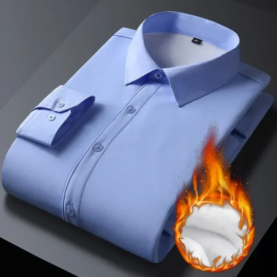 Men's Slim Fit Long Sleeve Shirt Autumn Winter Warm Fleece Stretch Solid Formal Business Office Wear Dress Shirts for Male