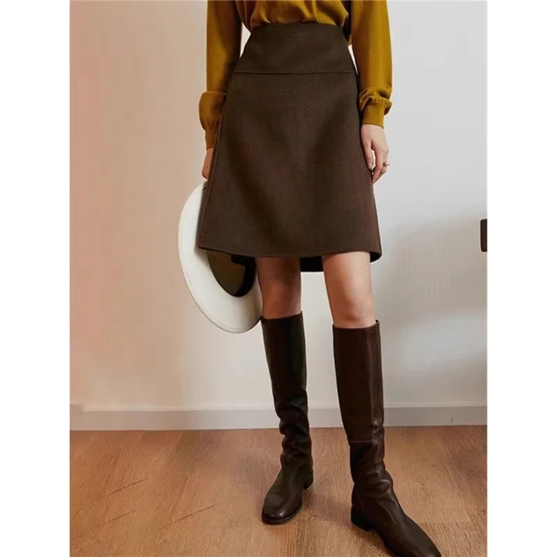 Women's Woolen Skirt Coffee Brown High Waisted Tummy Control Slim Fit A-Line Midi Skirt Winter Fall Fashion w2282