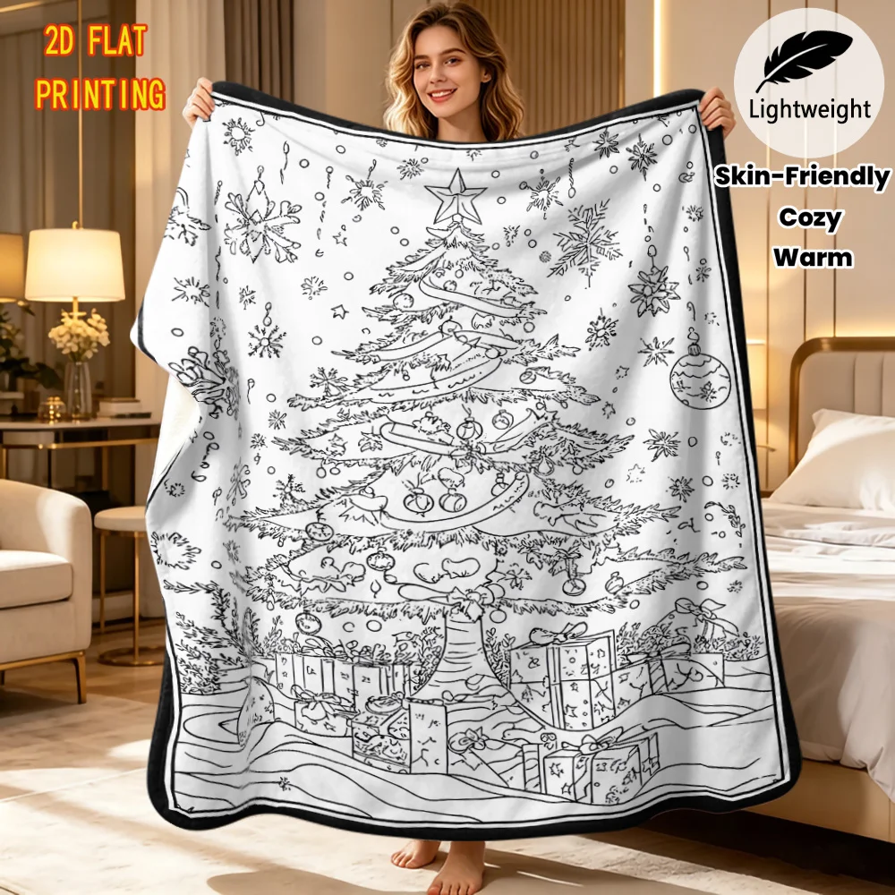 Christmas Tree Throw Blanket Gift Snowflake Doodle Line Print Soft Flannel Kids Room Sofa Lap Xmas DIY Craft Theme Decor Gift