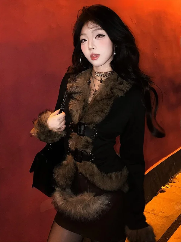 

Ретро-куртка в американском стиле Y2K с меховым воротником, пэчворком и поясом, из искусственного меха, приталенная, универсальная, для повседневной носки, с длинными рукавами