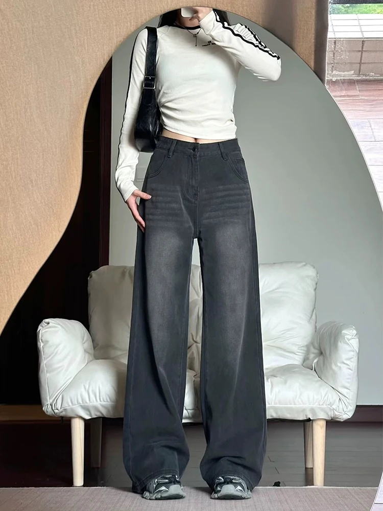 Pantalones vaqueros holgados hasta el suelo, color negro y gris, Retro, para ir al trabajo, versátiles, de pierna recta, elegantes, informales, de cintura alta