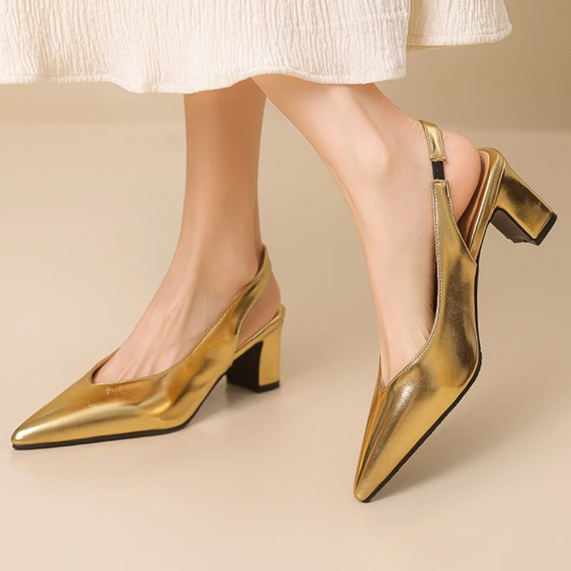Slingback Women's Heels Pumps Shoes Big Size 45 Luxury Gold Silver Point toe Gold Silver Block Heeled Office Party Shoes Ladies