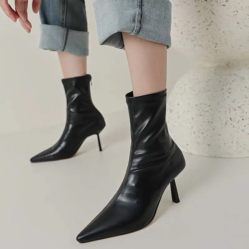 Frauen spitzen braunen weichen Leder braun elastische Stiefel Famele Stiletto Heels Schuhe Damen Stiefeletten zurück Reiß verschluss Pendler Stiefel