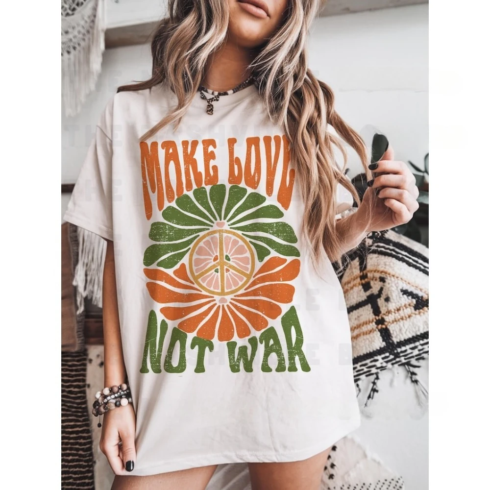 Make Love Not War Tee Peace T-Shirt Hippie Graphic Tee Vintage Inspired Cotton T-shirt Unisex Tees Streetwear Women Clothes
