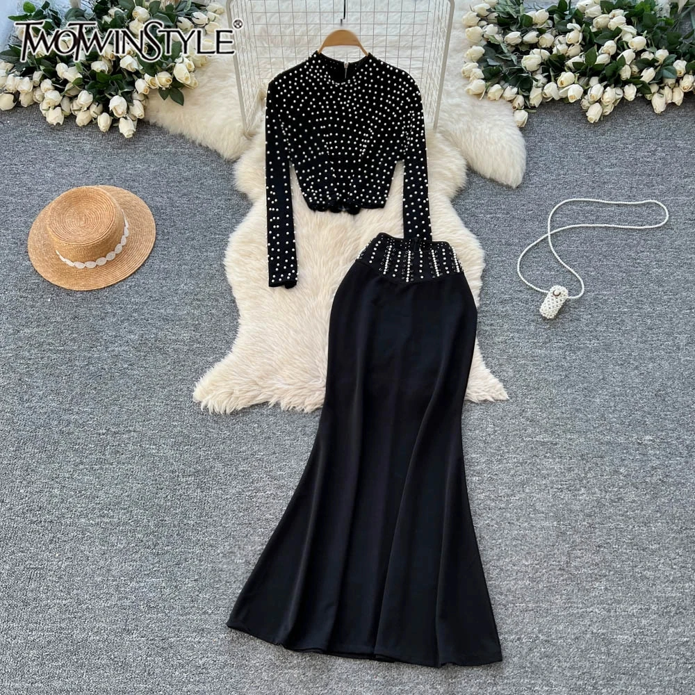 

TWOTWINSTYLE Elegant Two Piece Sets For Women Round Neck Long Sleeve Top High Waist Skirt Sexy Evening Set Female New KSE550714