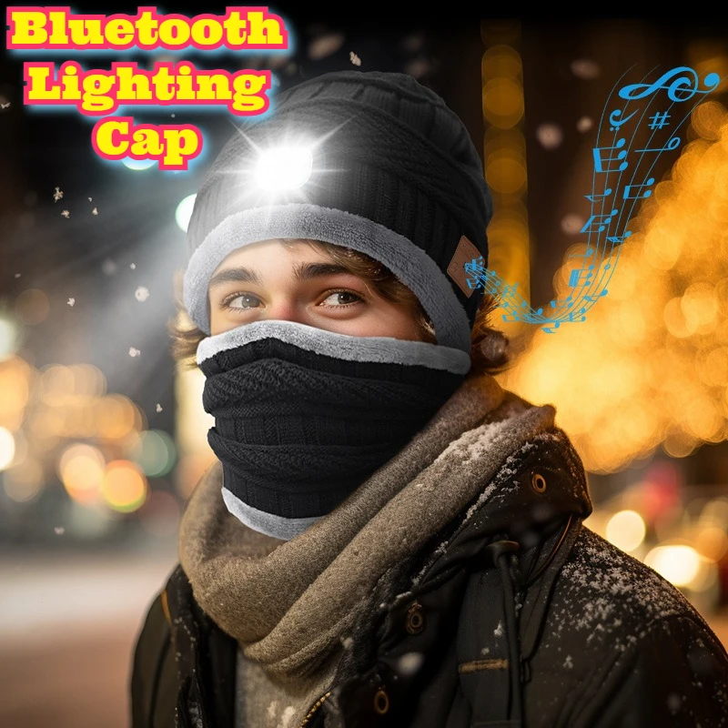 Bluetooth Beanie Hat 5.4 Earbuds LED Headlamp Neck Warmer Scarf Skiing Snowboarding Winter Sports Rechargeable Washable Audio
