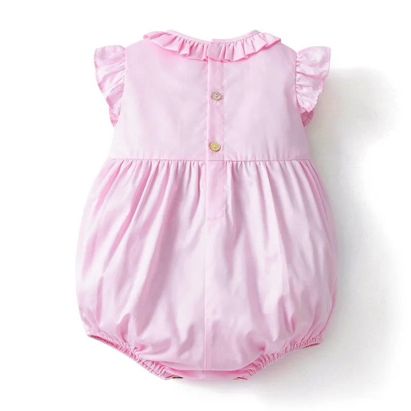 2024 New Baby Girl Smocked Romper Children Hand Made Smokcing Pink Bubbles Ruffle Collar Cotton Clothes