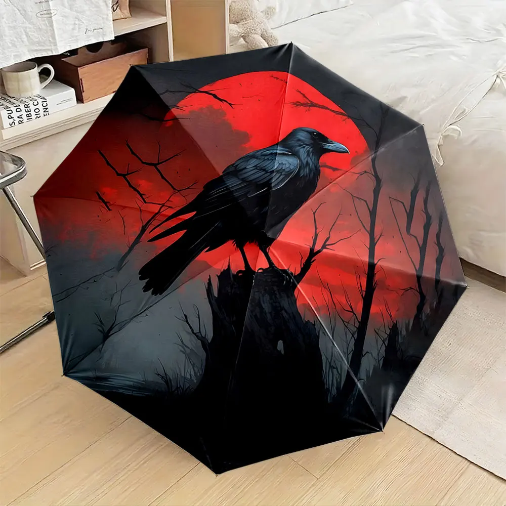 1PC Raven on Umbrella with Striking Red Backdrop Print 8 Iron Ribs Folding Umbrella Auto-Open Fashion Sunshade