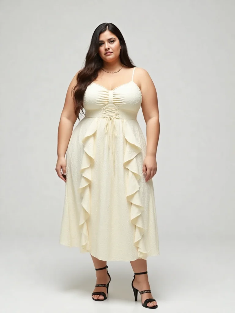 ROSEGAL Plus Size Gothic Women's Dresses Beige Flower Embossed Textured Lace-Up Ruffles A-Line Cami Dress Vestidos