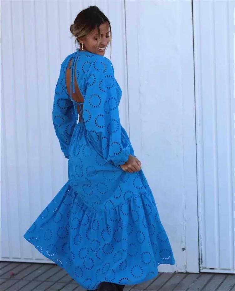 TEELYNN Boho Blue Lace Maxi Dresses For Women Vintage Long Sleeve Sexy Backless Embroidery O neck Cotton Dress Party Vestidos