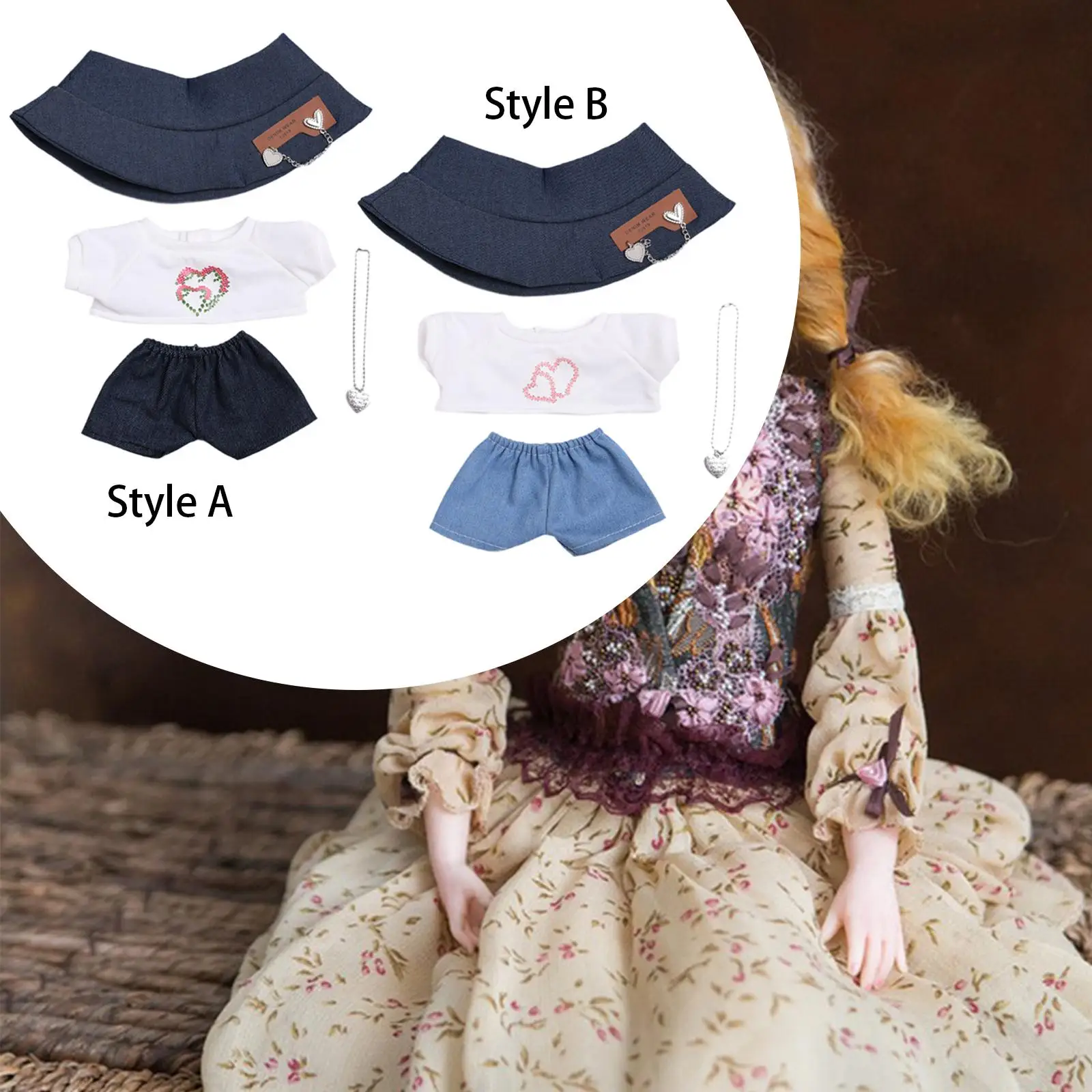 

Plush Doll Clothes Miniature Clothes Decoration with Necklace Stylish Top and Pants for 15inch Dolls Children's Day Photo Props