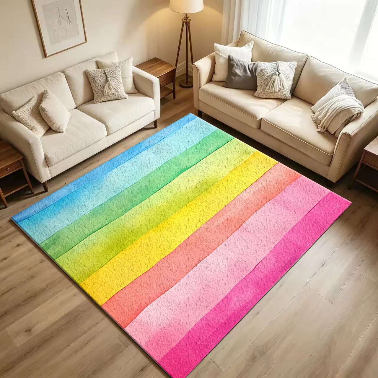 Colorful Rainbow Watercolor Horizontal Striped Carpet Flooring Bright Art Large Area Rug for Kids Room Home Decoration