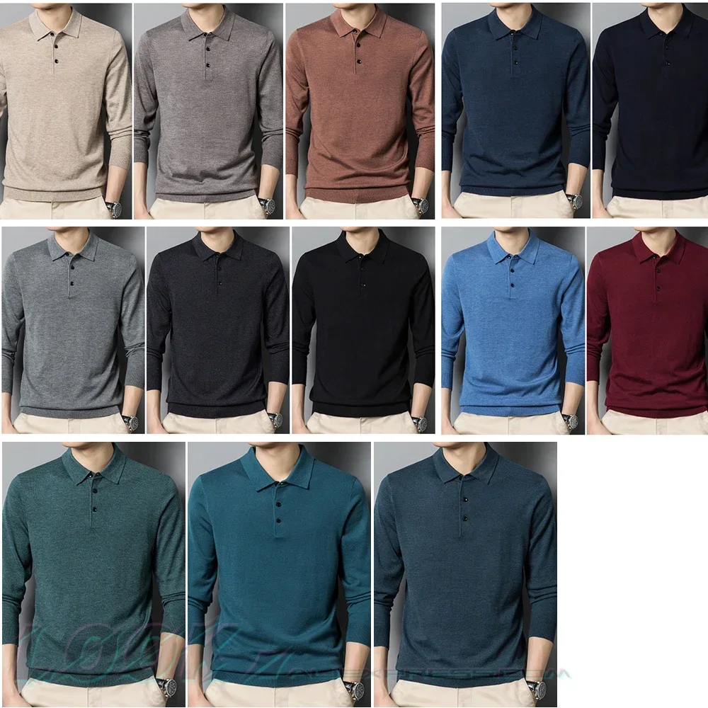 Men\'s Autumn Long-Sleeved Wool Blend Solid Color Polo Pullover Sweater with Lapel, Casual Bottoming Sweater -Sizes M-4XL