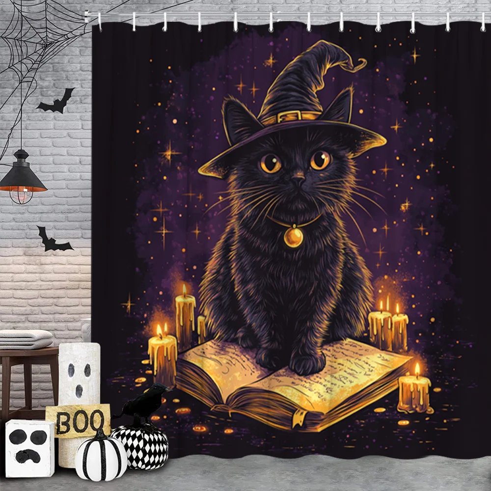 Extra Long Wizard Cat Shower Curtain - Halloween Bathroom Decor with Black Cat, Witch Hat, Spellbook, Candles