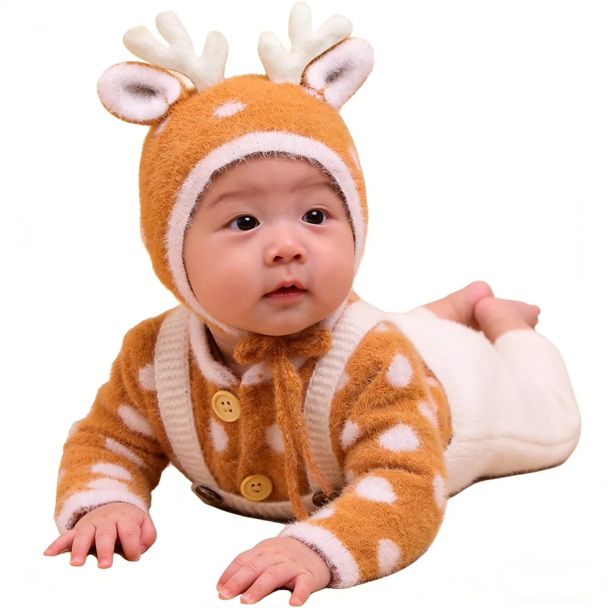 Newborn Baby Cute Little Deer Outfit for Photo Shooting Knitted Infant Suspender Pants Tops Antler Hat Baby Photography Props-HD