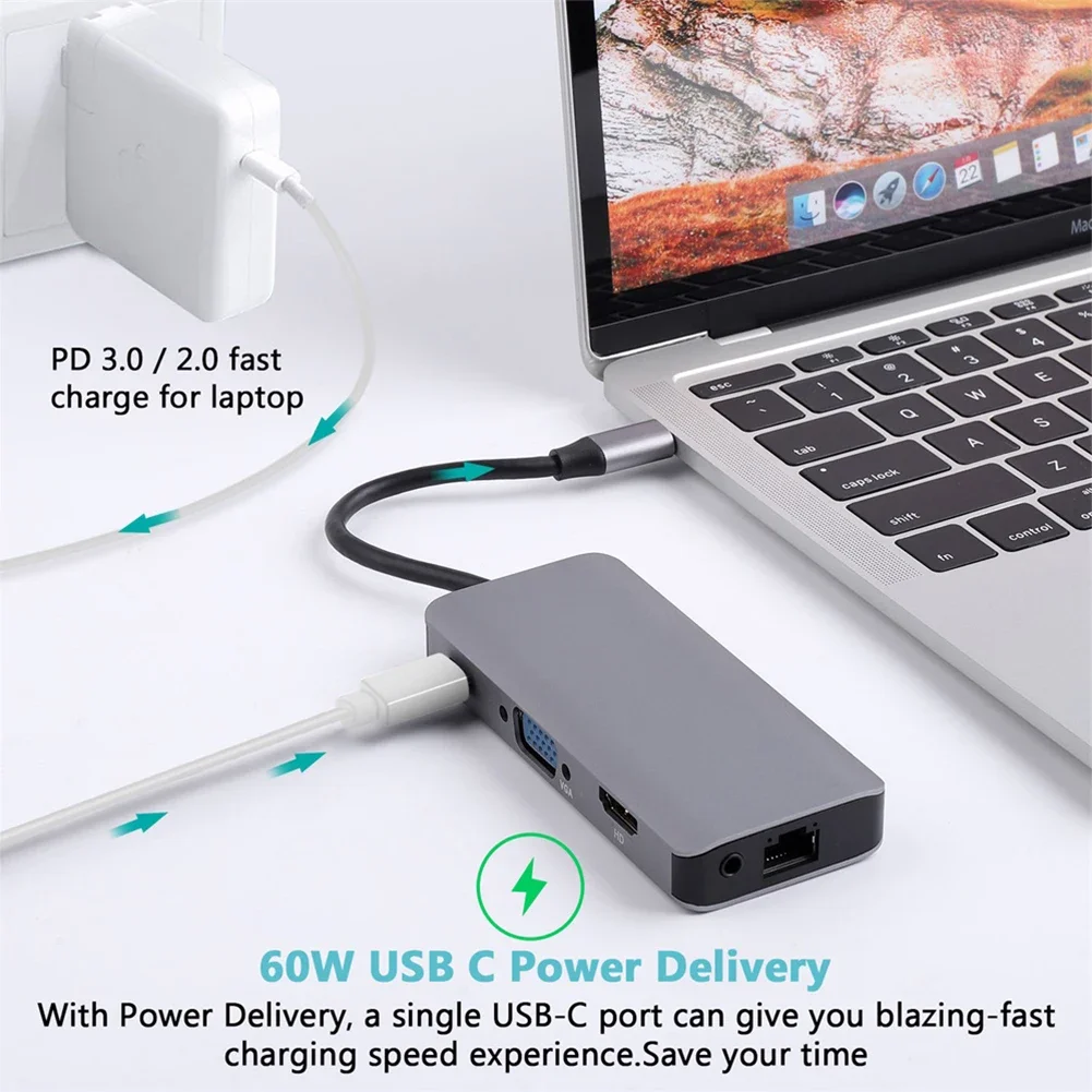 

9-in-1 Type C Hub RJ-45 VGA HDMI-compatible-Compatible Ports USB C Dongle 2 USB3.0 & 1 USB C PD 100W Ports 3.5mm Audio AUX for