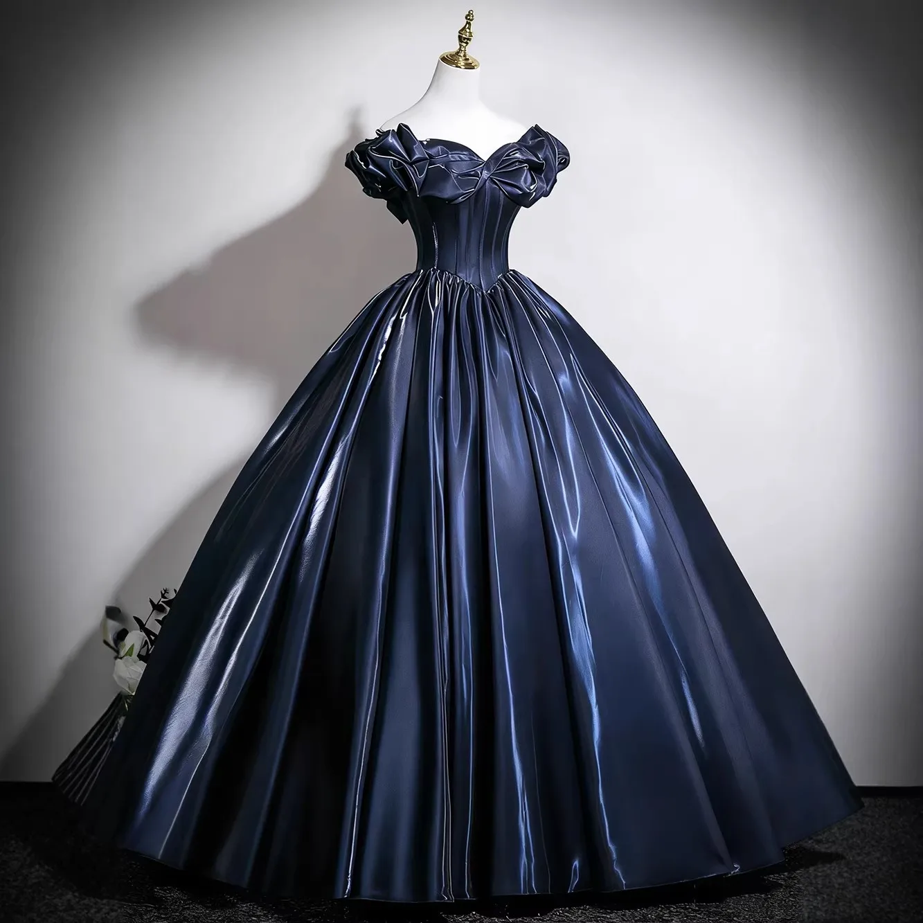 Navy Blue Music Performance Dress Elegant Off The Shoulder Prom Dresses Female Wedding Dress For Women Floor Length Dresses
