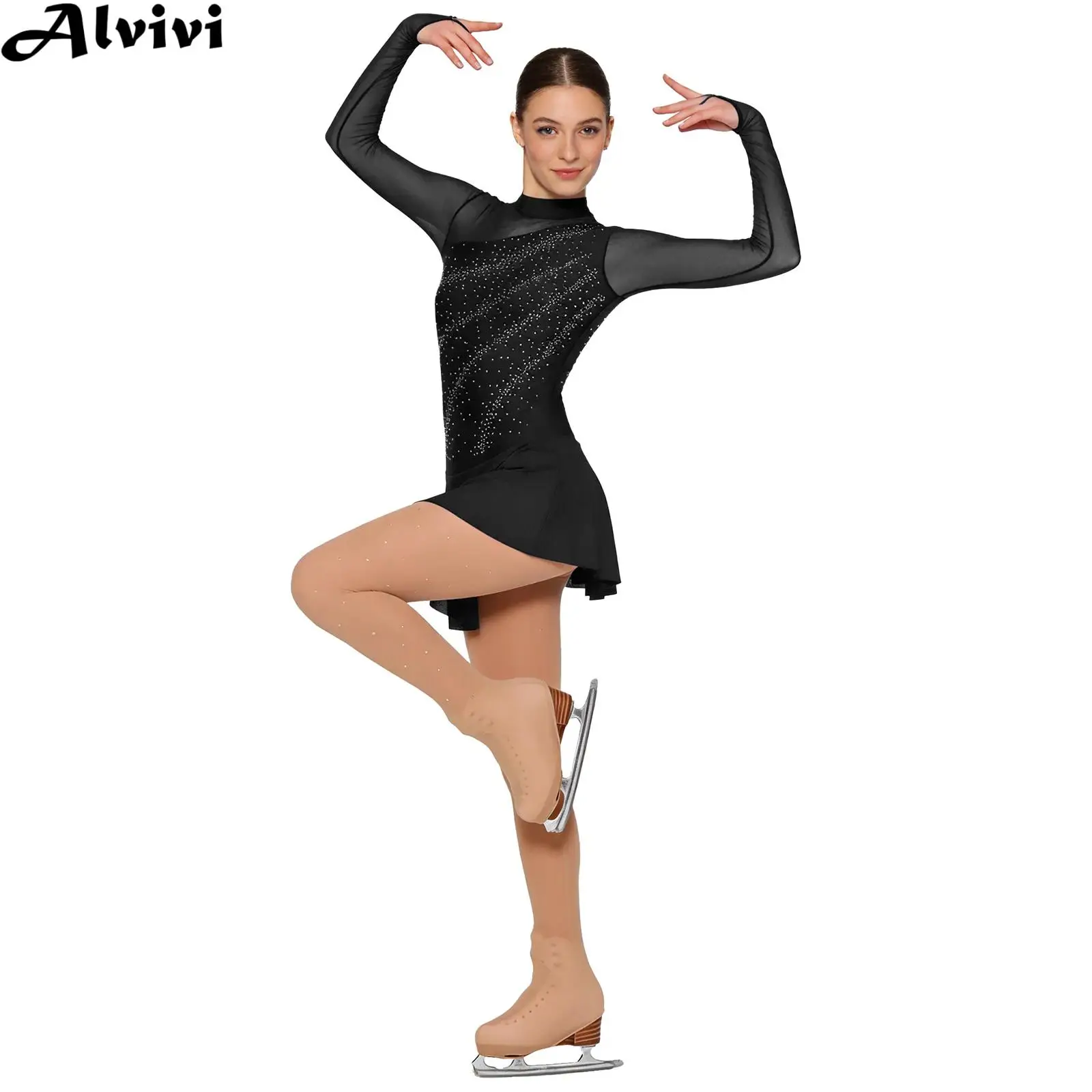 Women Figure Ice Skating Gymnastics Acrobatics Performance Costume Long Sleeve Rhinestone Mesh Leotard Dress with Pantyhose
