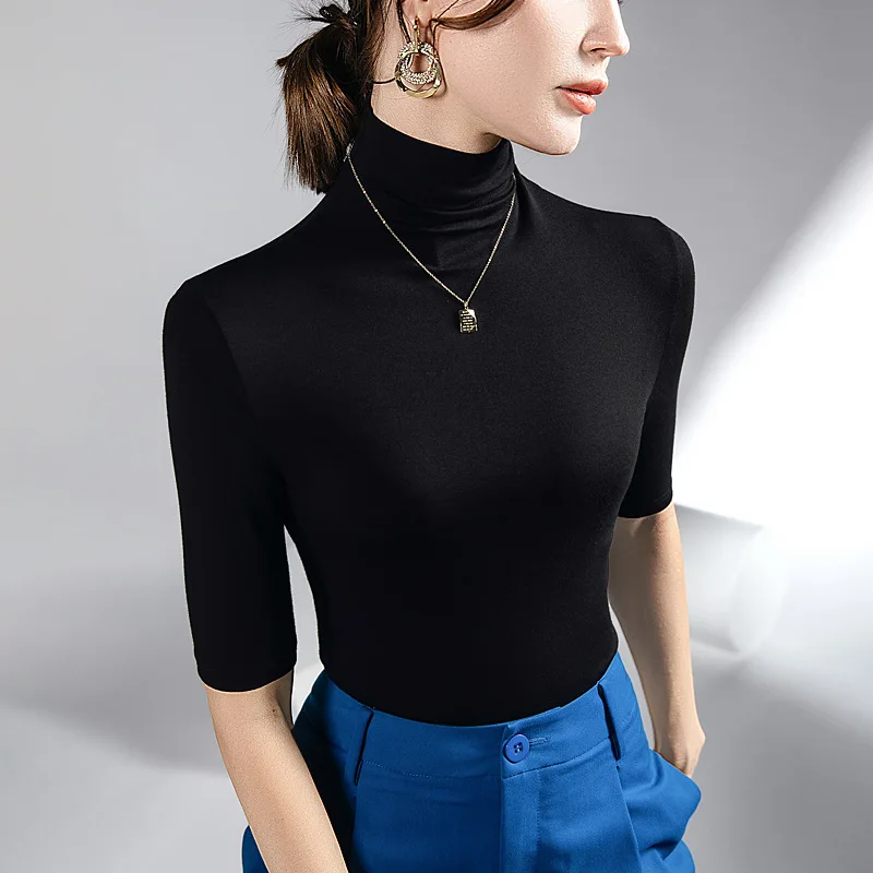 Women Half Sleeve T-shirts Turtleneck Modal Woman's Tops Spring Autumn Women Clothings Solid Color Cotton Blauses for Lady