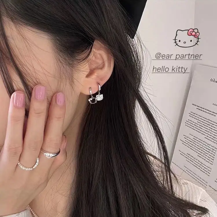 Sanrio Cute Hello Kitty Earrings Student Spice Girl Harajuku Style Diamonds Korean Style Sweet and Lovely Ear Clip Jewelry Gift