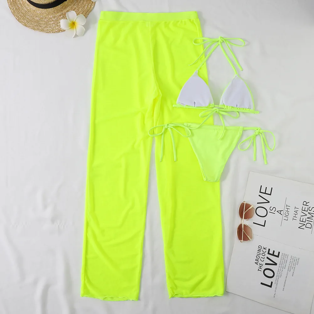 2024 Neon 3pack Bikini Swimsuit With Cover Up Pants Swimwear Women Thong Bathing Suit Micro Bikini Set Swimming Suits Biquini