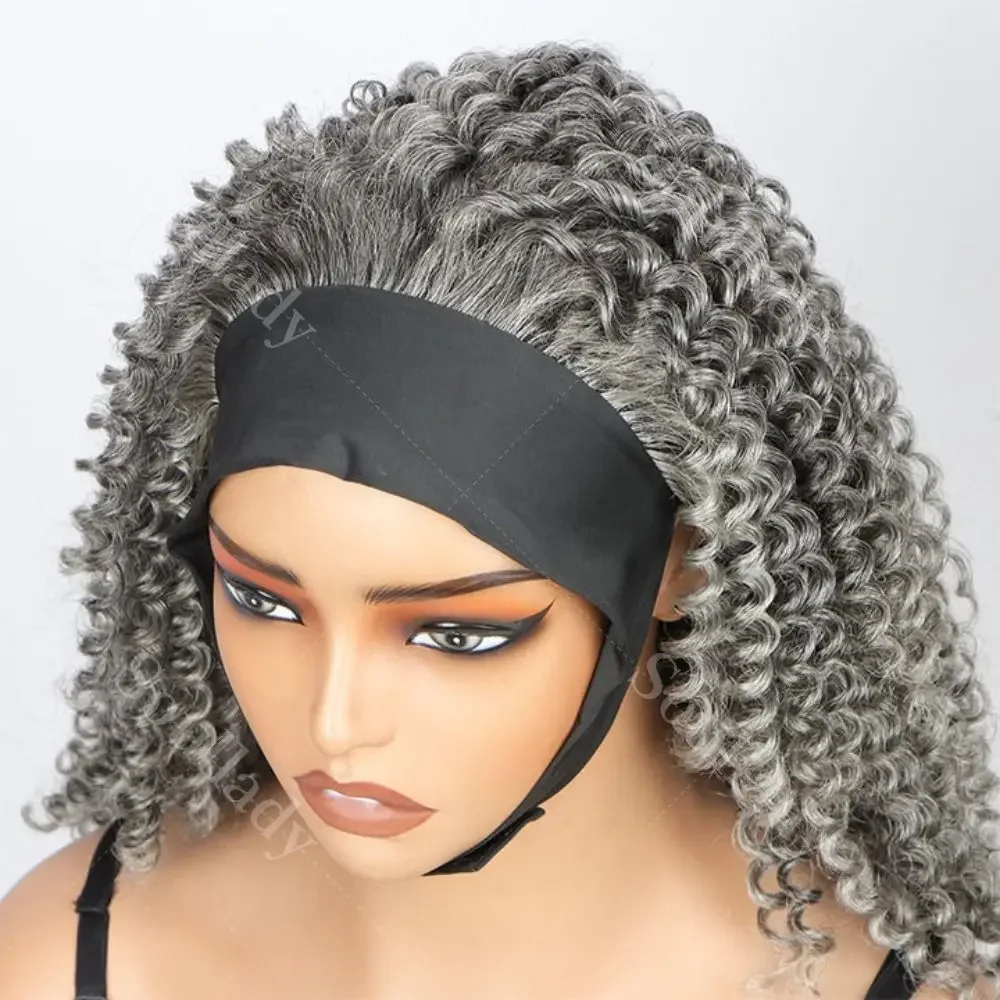 

Silver Gray Jerry Curl Headband Glueless Wigs Salt Pepper Grey Color Brazilian Kinky Curly Wig Human Hair For Elegant Women