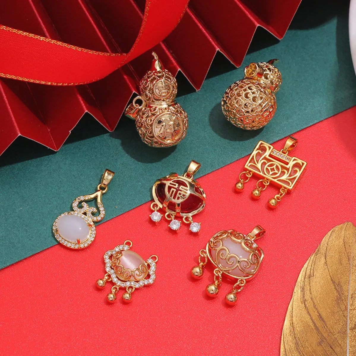 New Year 14K Gold Plated Blessing Character Auspicious Lock Blessing Brand Charm Pendant DIY Findings for Bracelet Jewelry Makin