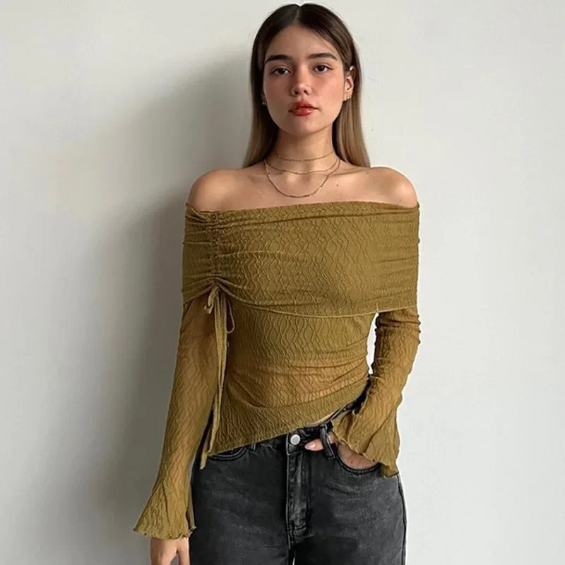 

Autumn Sexy Strapless Long Sleeve Tops for Women Y2k Fashion Drawstring Slit Skinny T-shirts 2023 Female Clothing Streetwear