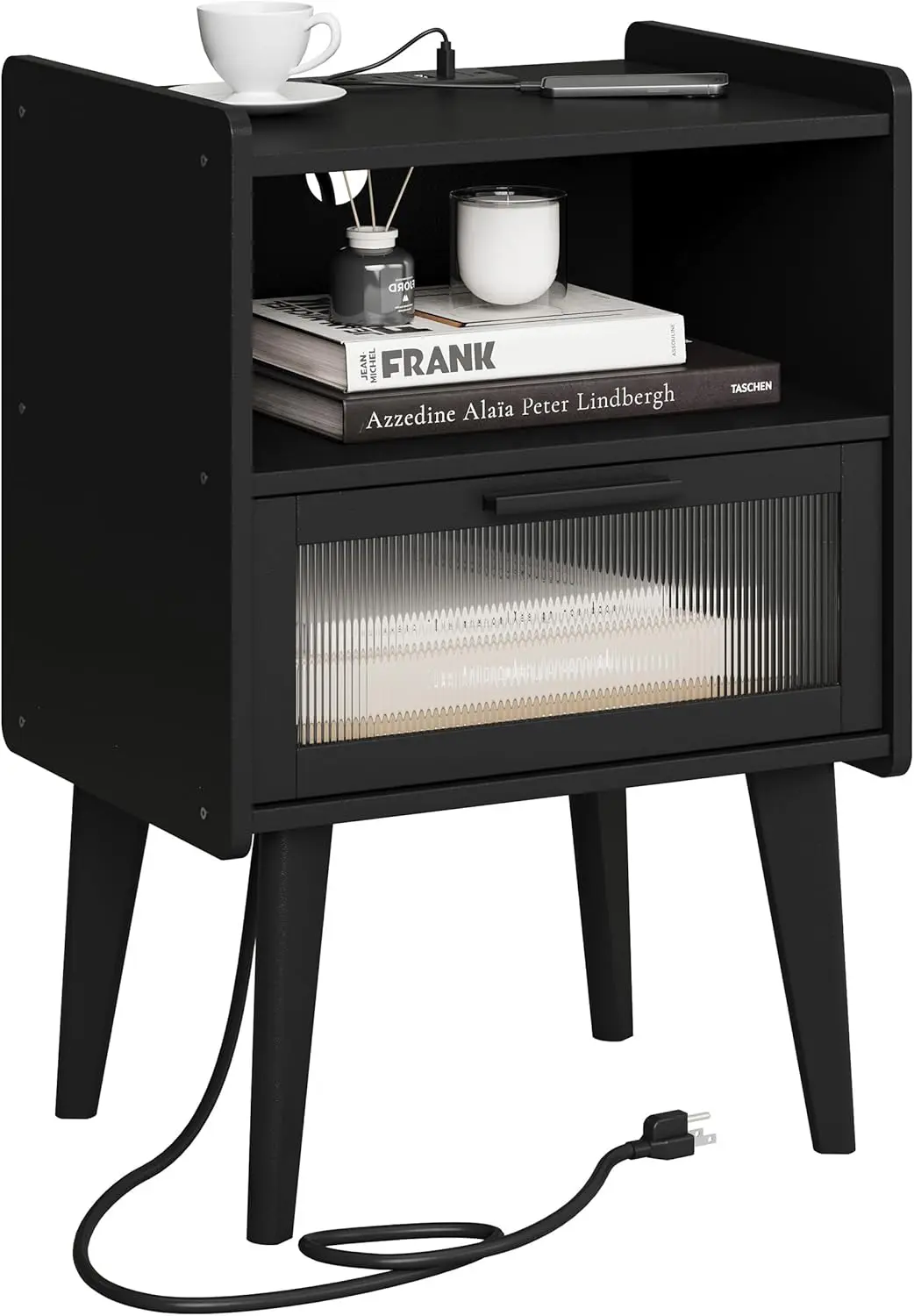 

Modern Nightstand with Charging Station, 2-Tier Storage, USB Ports for Bedroom and Living Room