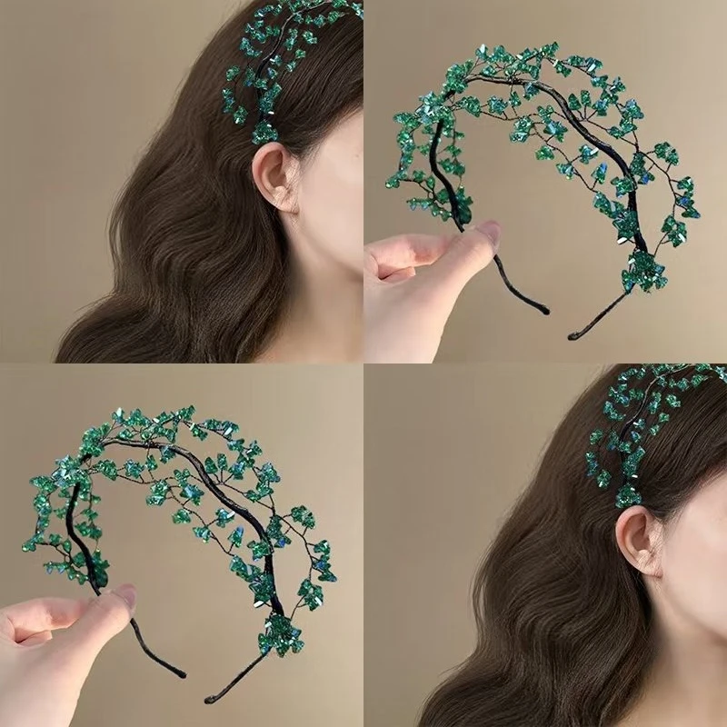 

Сладкий зеленый хрустальный браслет для волос в лесном стиле, супер бессмертная красота, свежие ретро изысканные ткацкие бусины, уникальные аксессуары для волос