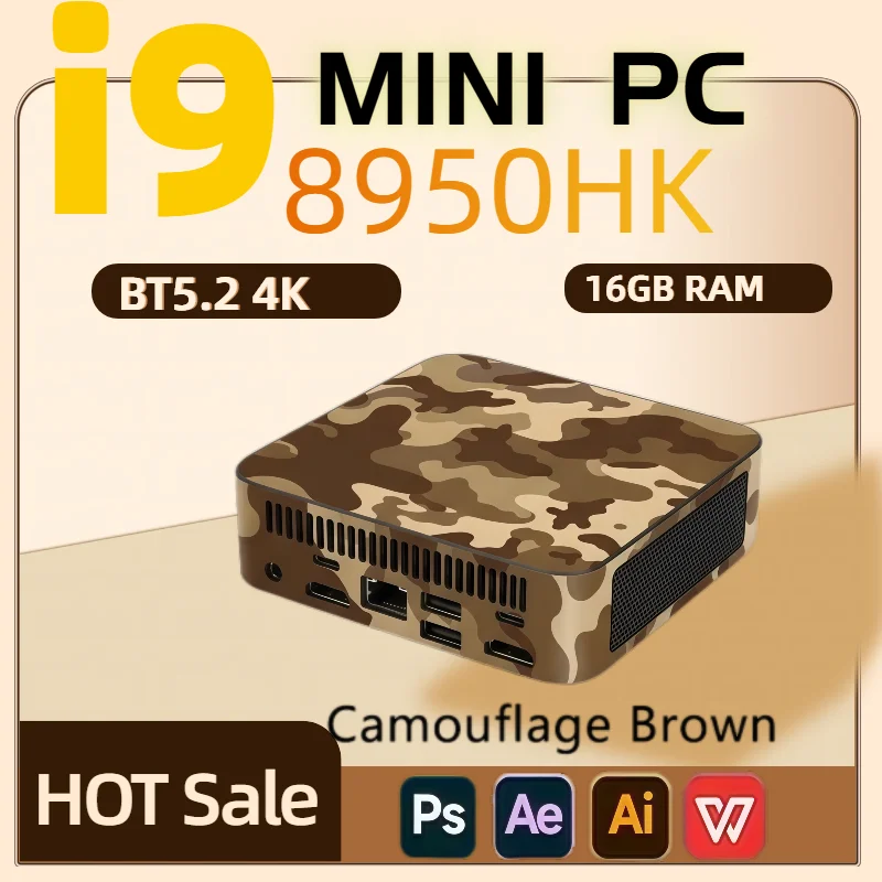 Mini PC Camouflage Colors Portable Gaming Mini PC Intel i9 8950HK 16GB RAM 1TB M.2 SSD WiFi 6 BT5.2 Home Office Desktop