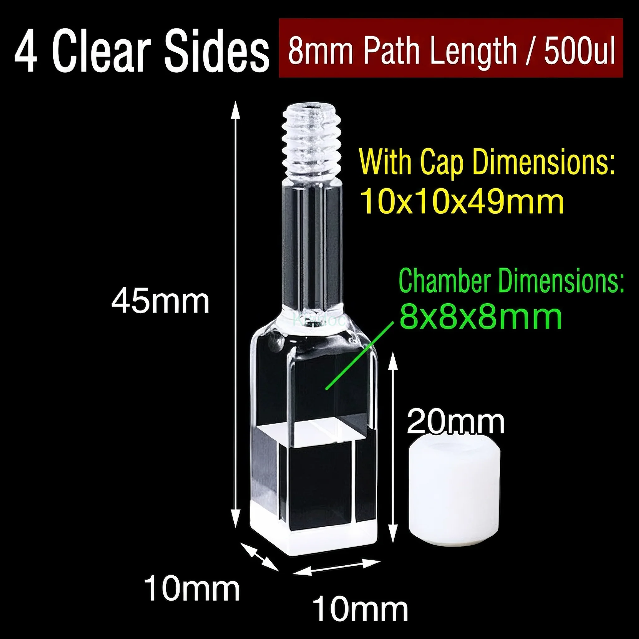 Screw Cap Fluorescence Quartz Cuvette 8mm Optical Path 500ul Four Windows Transparent
