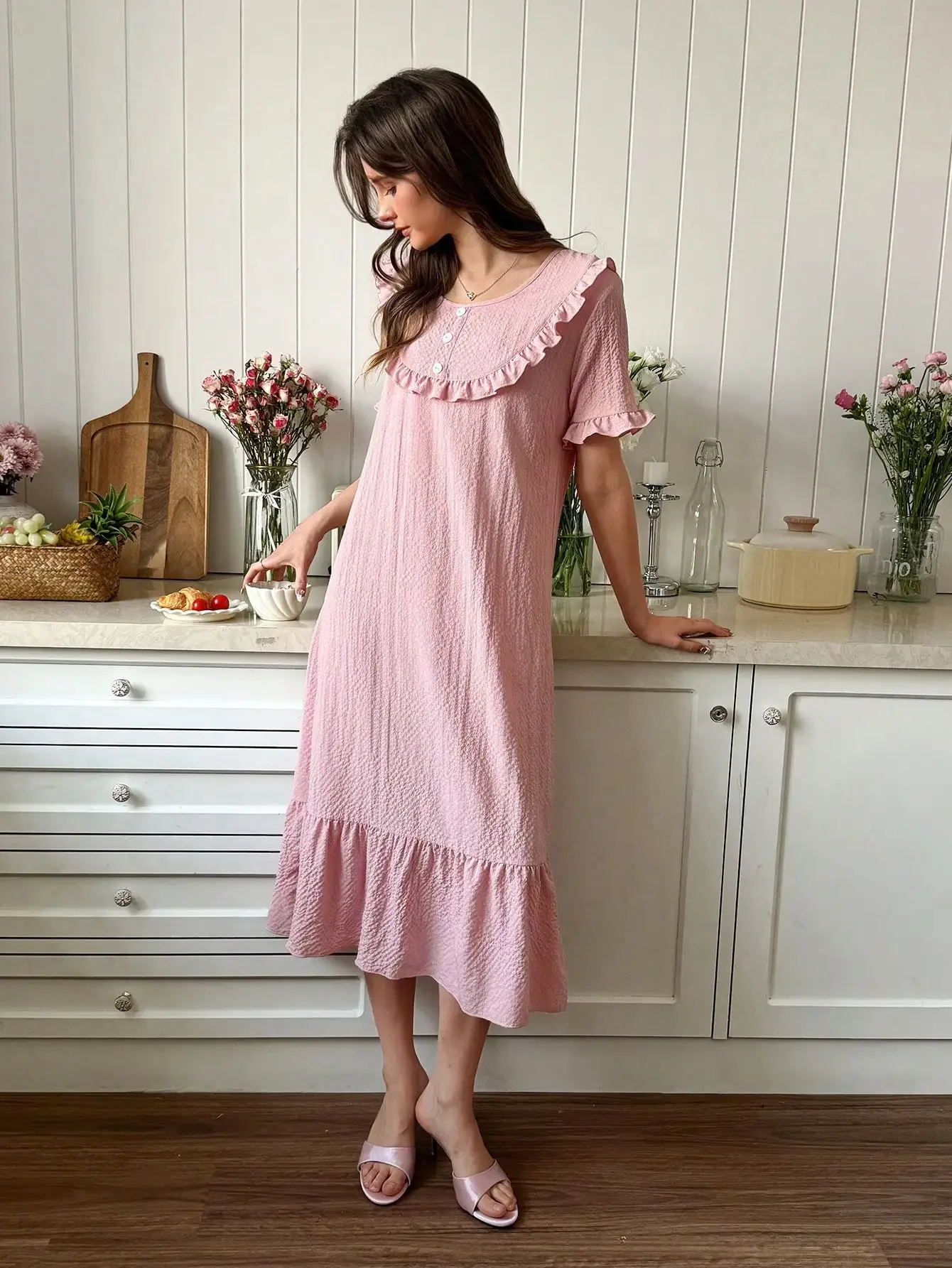 

Snug Reverie Pink Bubble Crinkle Fabric Ruffle Trim Loose Women Long Nightgown Babydoll Pajama Set Ruffle Pajamas Women Pajama D