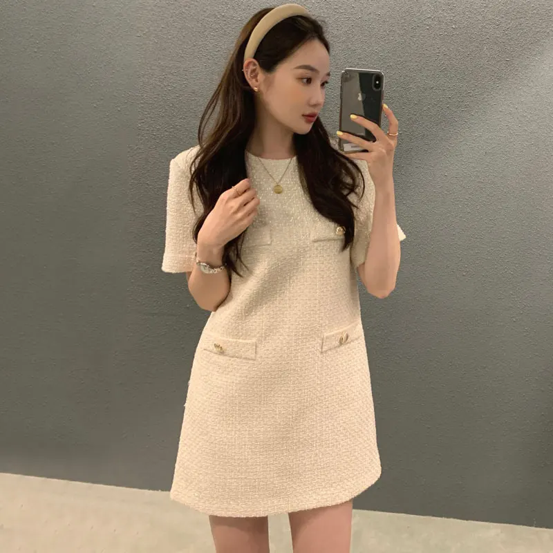 Chic Summer Simple round Ne ket Decorated Plaid Tweed ort Sve Dr ort Skirt Women Korean Sle Loose Waist