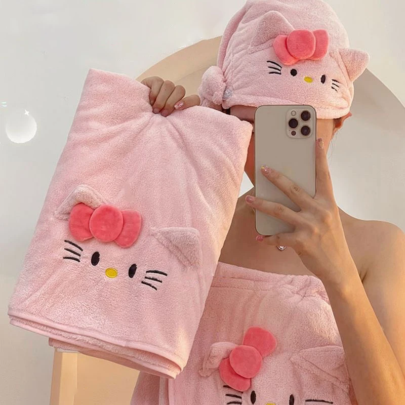 Sanrio Hello Kitty Coral Fleece Cute Cartoon Absorbent Bath And Face Wash Large Towel Absorbent