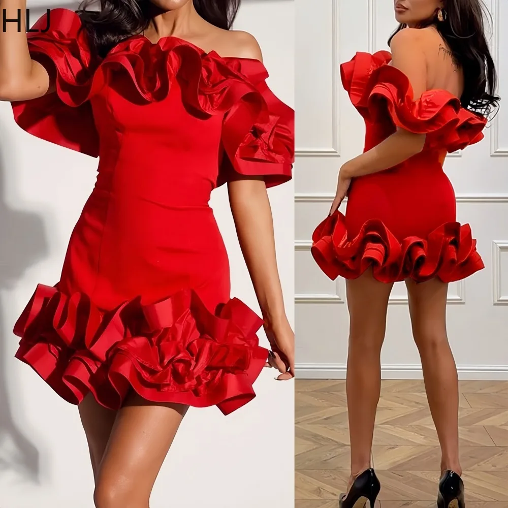 

HLJ Sexy Ruffle Patchwork Bodycon Mini Dresses Women Solid Color Off Shoulder Backless Low Neck Dress Female Streetwear Vestidos