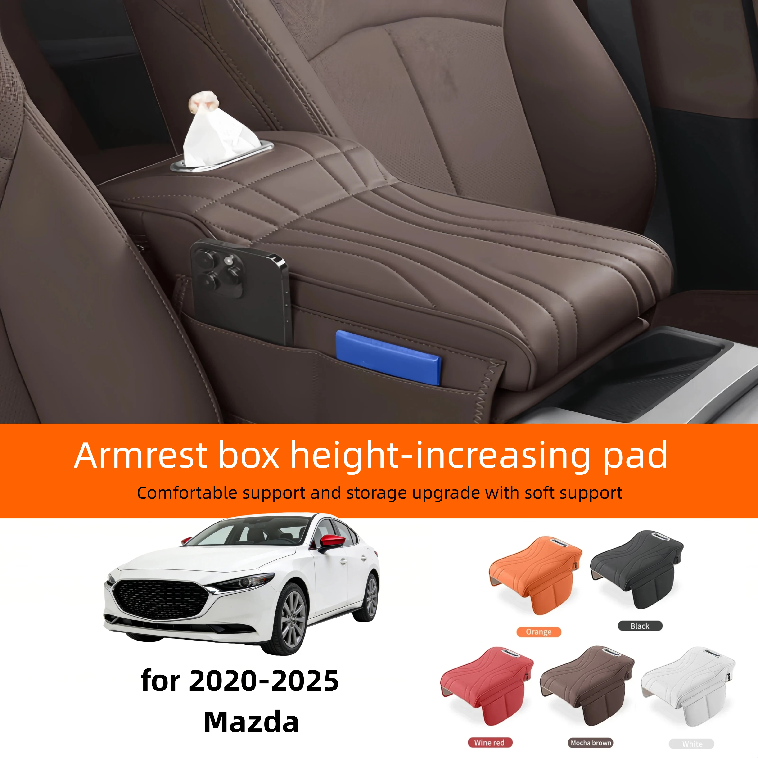 Car Central Armrest Cushion for Mazda 3/6/CX-5/CX-4/CX-30 - Thickened Heightened Protective Cover with Tissue Storage
