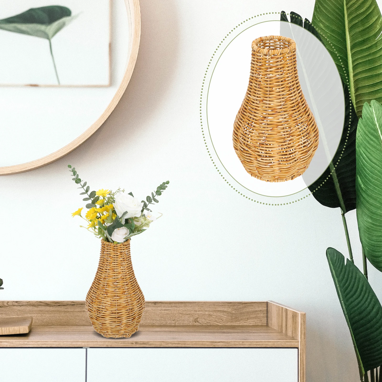 

Vintage Style Imitation Rattan Plastic Flower Vase Woven Design Decorative Home Office Wedding Light Brown Minimalist