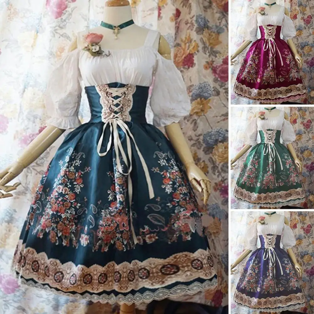 Lolita Satin Dress Party Dress Elegant Lolita Princess Style Performance Dress with Lace Floral Printing Off for Halloween