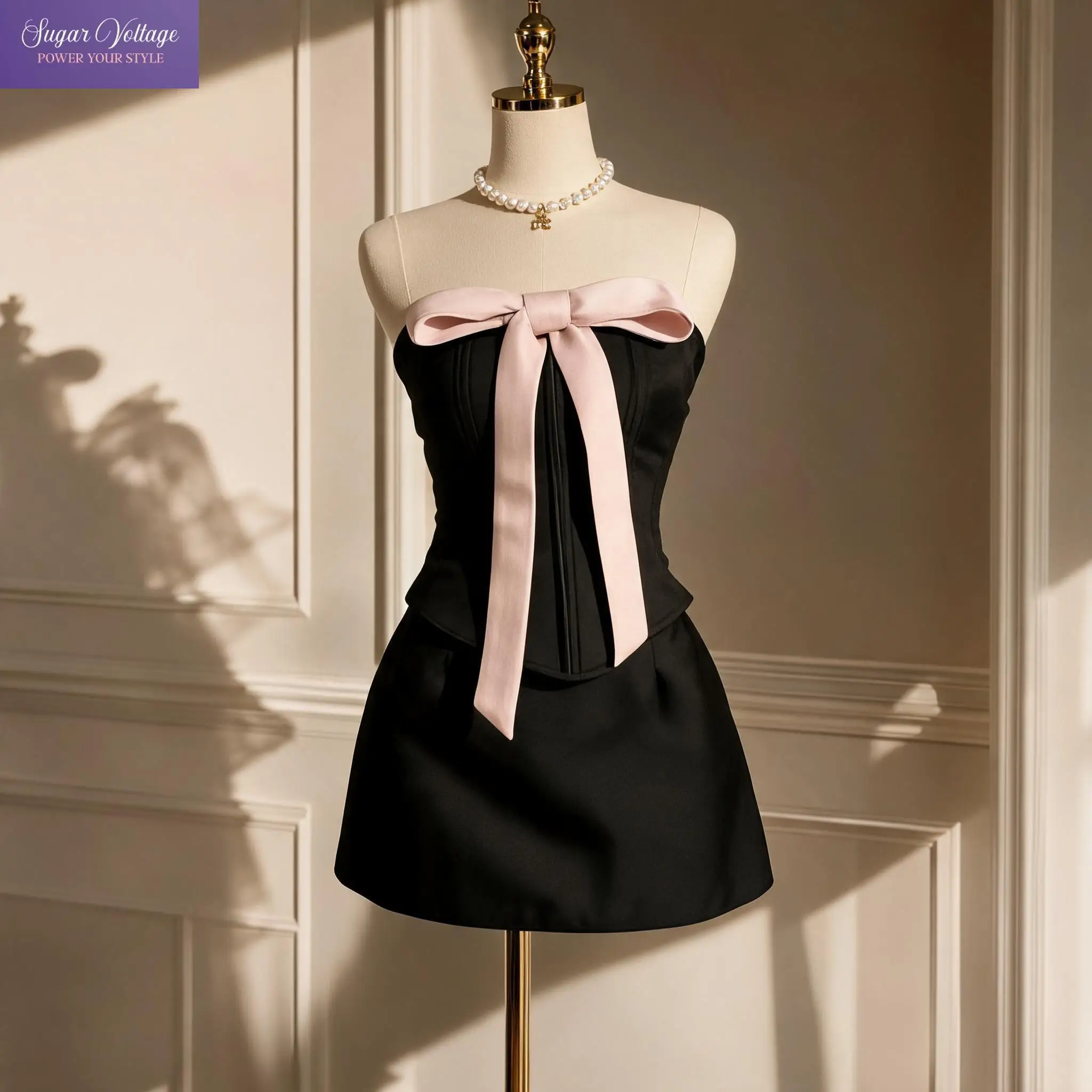 Korean Fashion Sexy Color Block Bow Strapless Corset Top High Waist Mini Skirt 2 Piece Set Women Slim Fit Clubwear Daily Wear