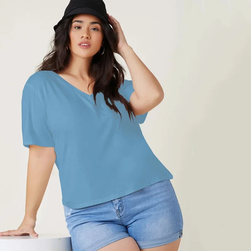 Plus Size V-neck Short Sleeve Summer Casual Top Women Drop Shoulder Loose Oversize Solid Basic T-shirt Tee Large Size 6XL 7XL 8X