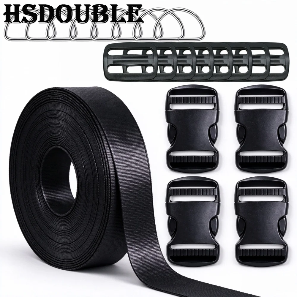 10-50mm 5Yards Nylon Webbing DIY Kit,4 Side Release Buckles,8 Tri-Glide Slides,8 Metal D-Rings Backpack Strap Hardware Set