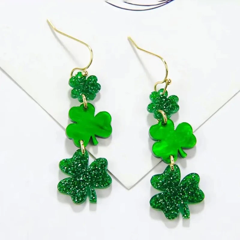 Fashion Green Clover Earrings For Women Fashoin Glitter Acrylic Drop Earrings Holiday St. Patrick Jewelry Gift