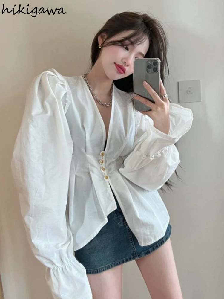 Chic Korean Shirts Women Clothing V-neck Puff Sleeve Blouses 2023 Blusas Mujer De Moda Tunic Ruffles Irregular White Blouse Tops