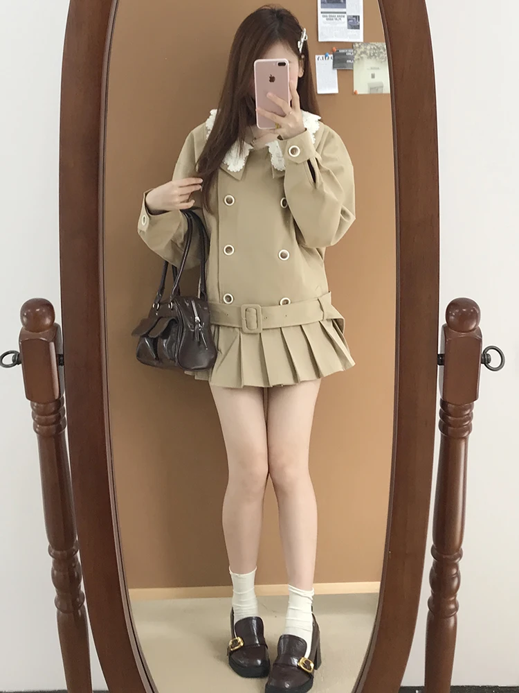 

Женское укороченное пальто-жакет цвета хаки в стиле ретро, двубортное, с воротником «кукла», с поясом, осенняя коллекция 2025, в корейском стиле, прямого кроя