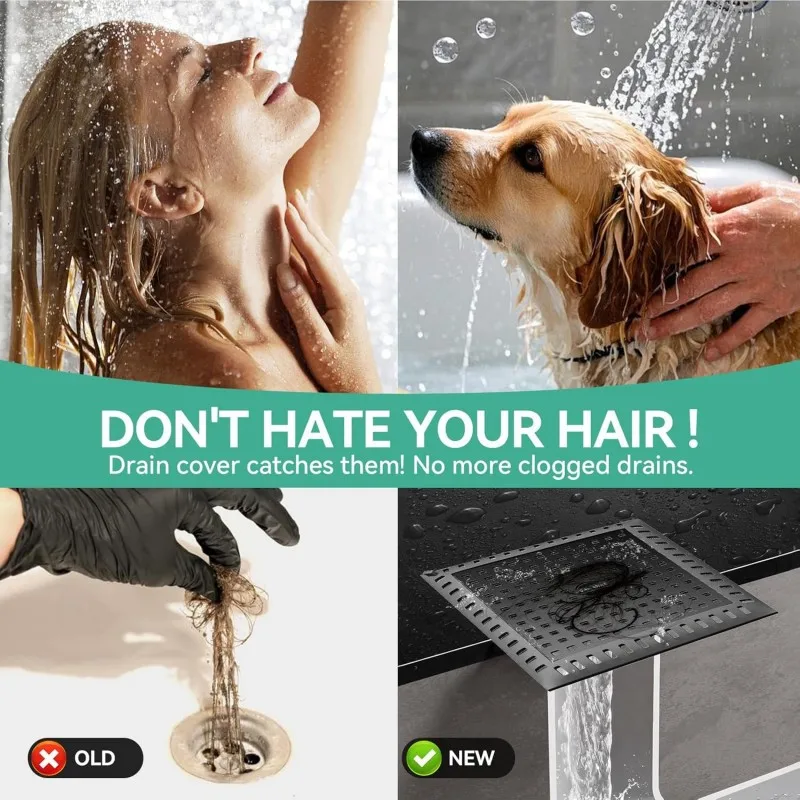 【シャワー排水口カバー2個パック】浴室用スチール製ヘアストレーナー、シンク用詰まり防止スクエアフィルターグレーチング、キッチンシンク用