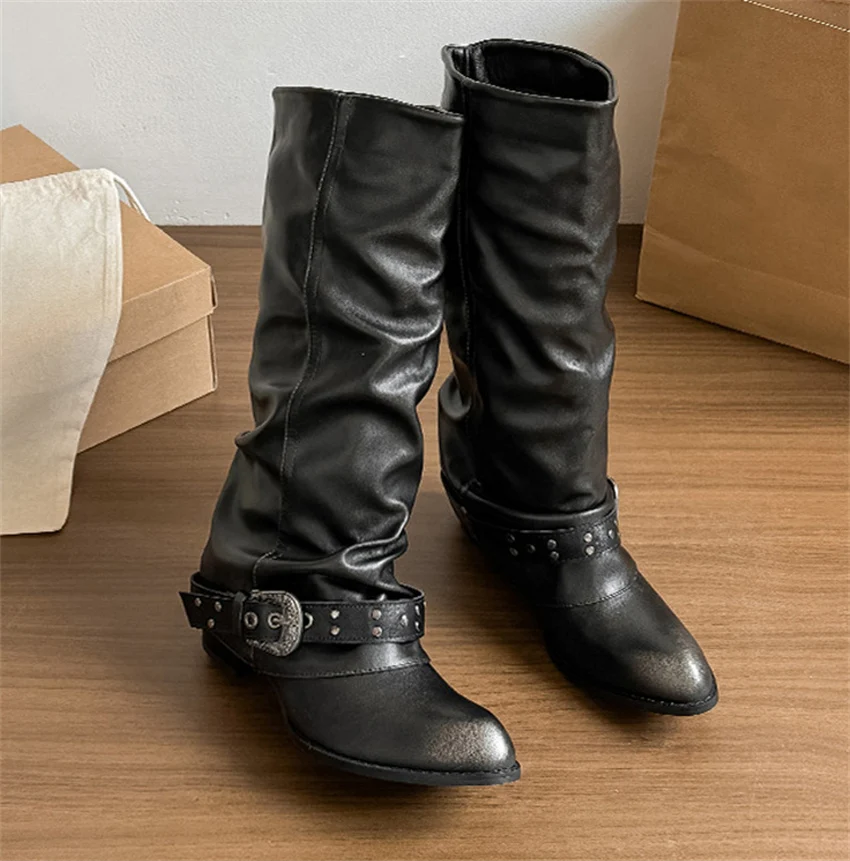 Punk-Style Belt Buckle Mid-Calf Boots for Women Square Heel Motorcycle Boots Pu Leather Pleated Boots Street Retro Riding Boots