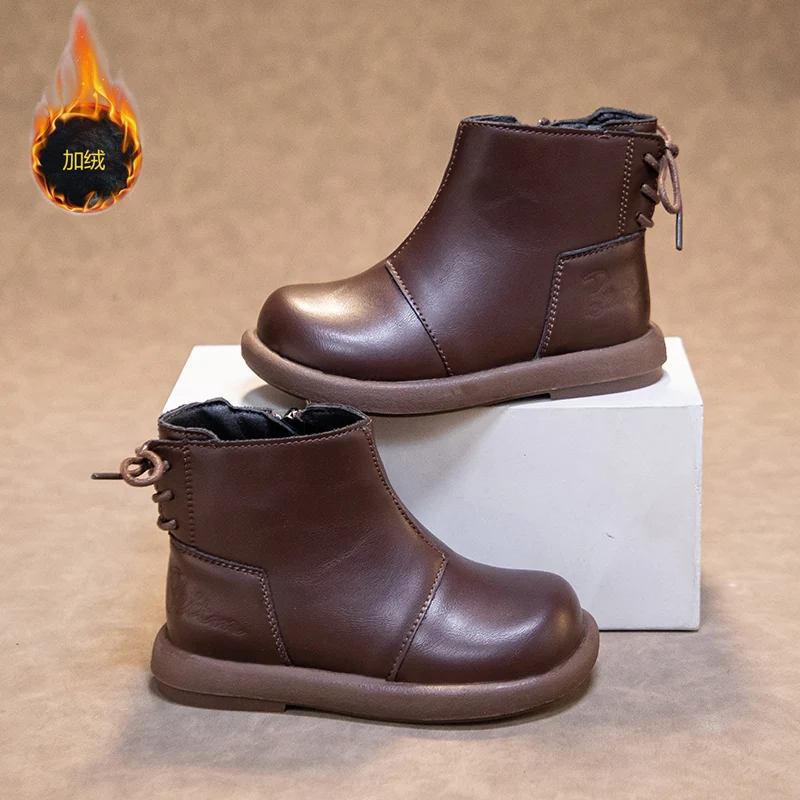 2025 جديد الأطفال أحذية بوت قصيرة أسلوب بسيط بنين بنات حذاء من الجلد الدافئة السببية الاطفال أحذية جلدية أنيقة الجانب سستة الدانتيل يصل #5